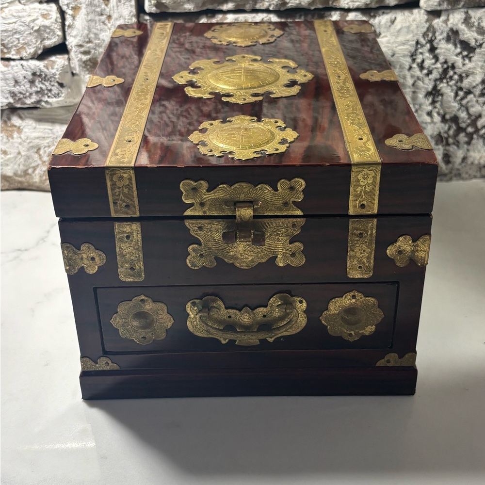 Ornate Vintage Asian Brass-Accented Wooden Laquered Jewelry Box